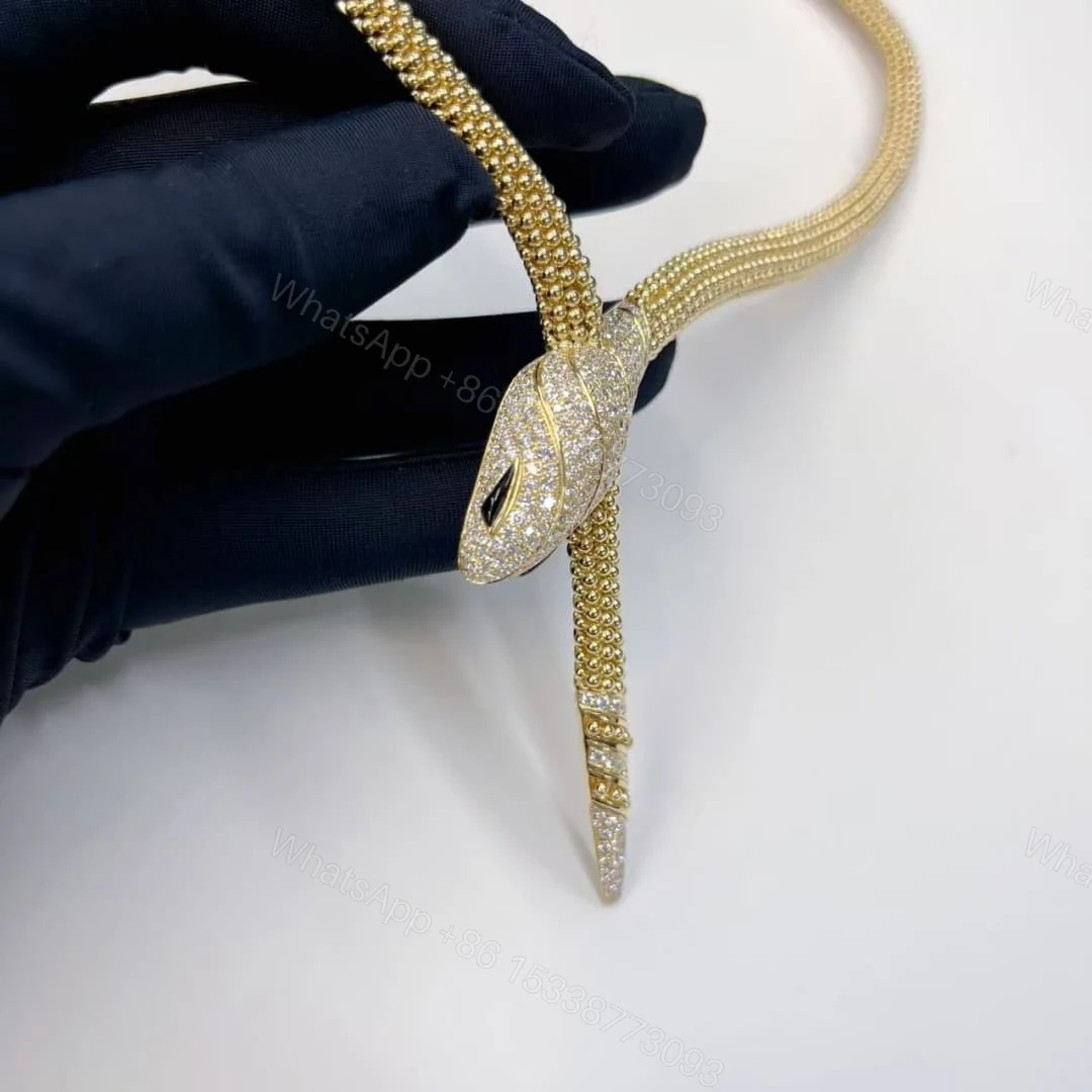 View 2 of 18kt Gold Bvlgari Serpenti Two-Coil Necklace With Head and Tail Diamonds Onyx 360472