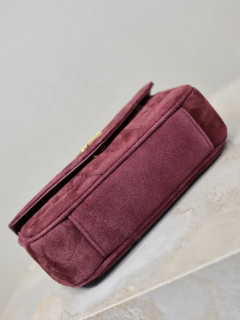 View 3 of Burgundy Suede Crossbody Bag with Gold Hardware