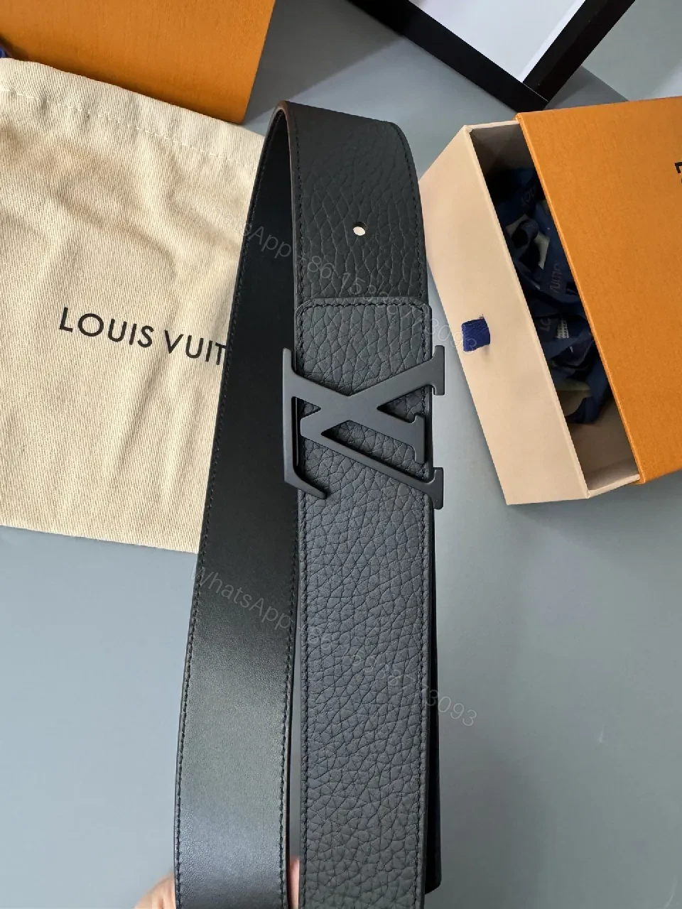 View 2 of Minimalist Black Leather Belt with Subtle LV Buckle