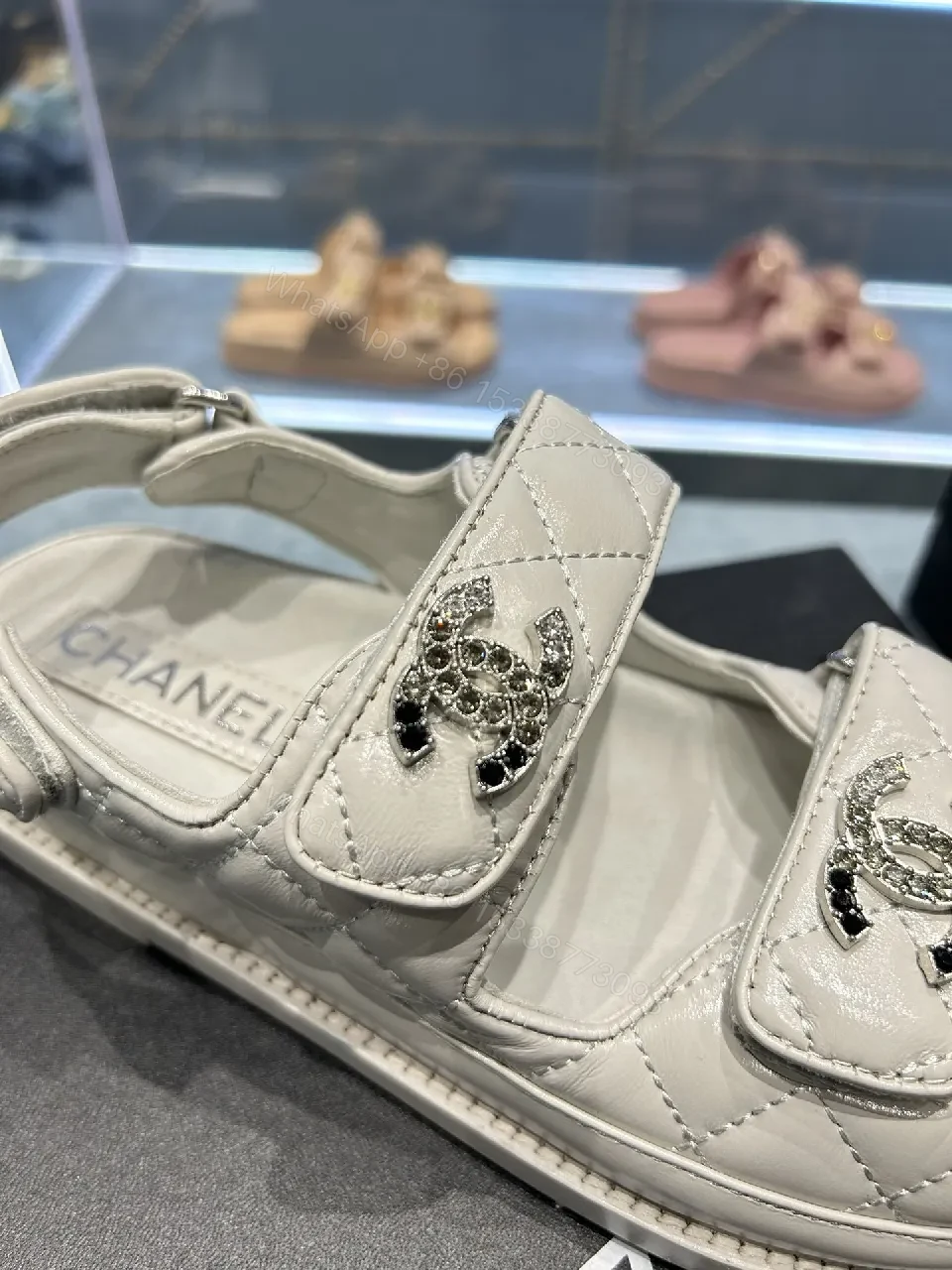 View 2 of White Quilted Leather Sandals with Crystal Accents - Lux Comfortable Sandals