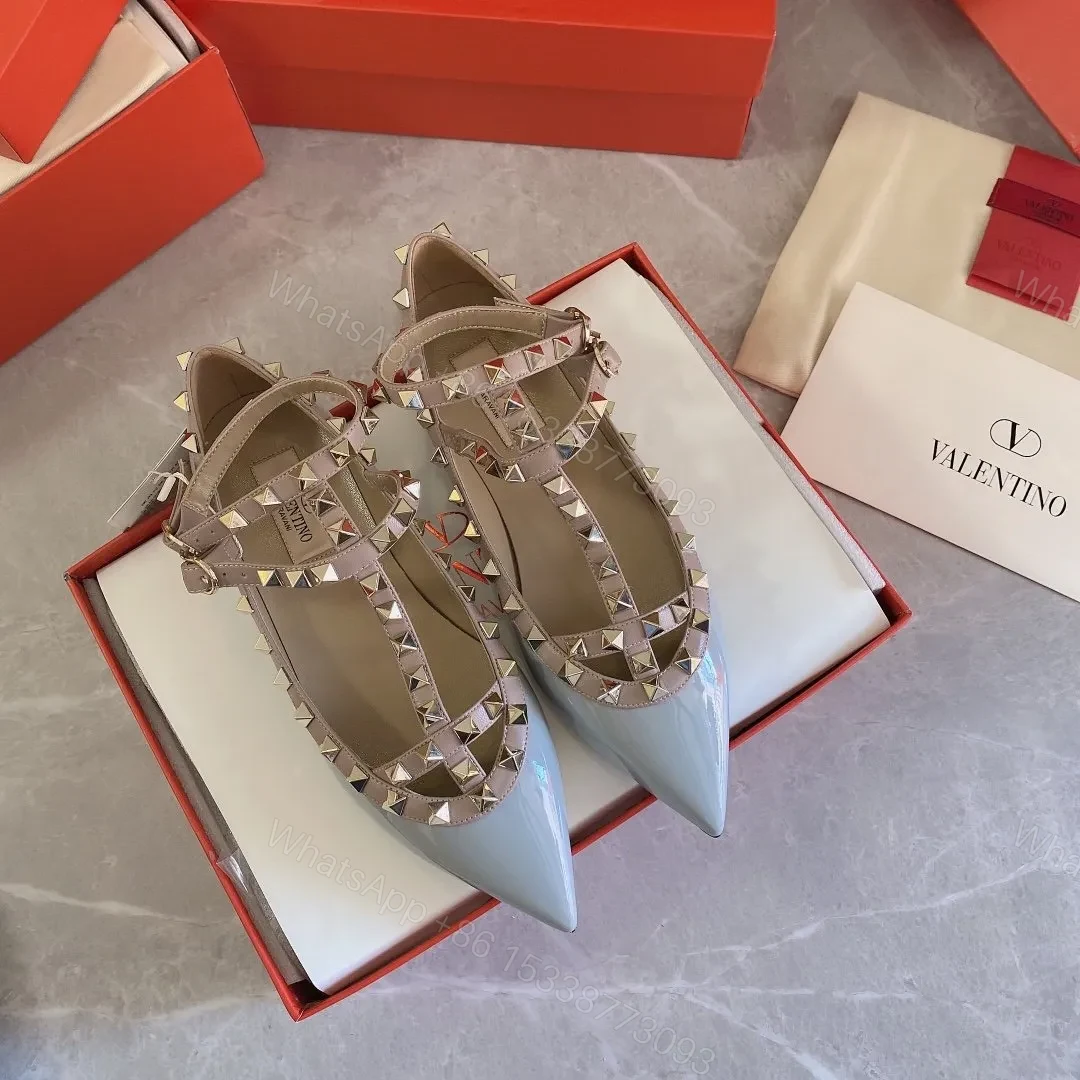 Valentino Women Blue Patent Leather Studded Flats — view 1