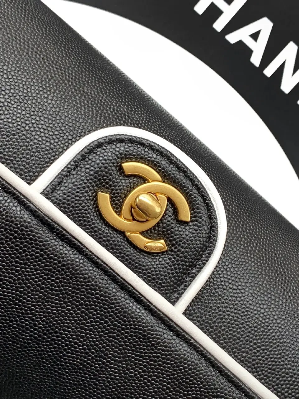 View 8 of Chic Black Leather Flap Bag with White Piping Contrasts