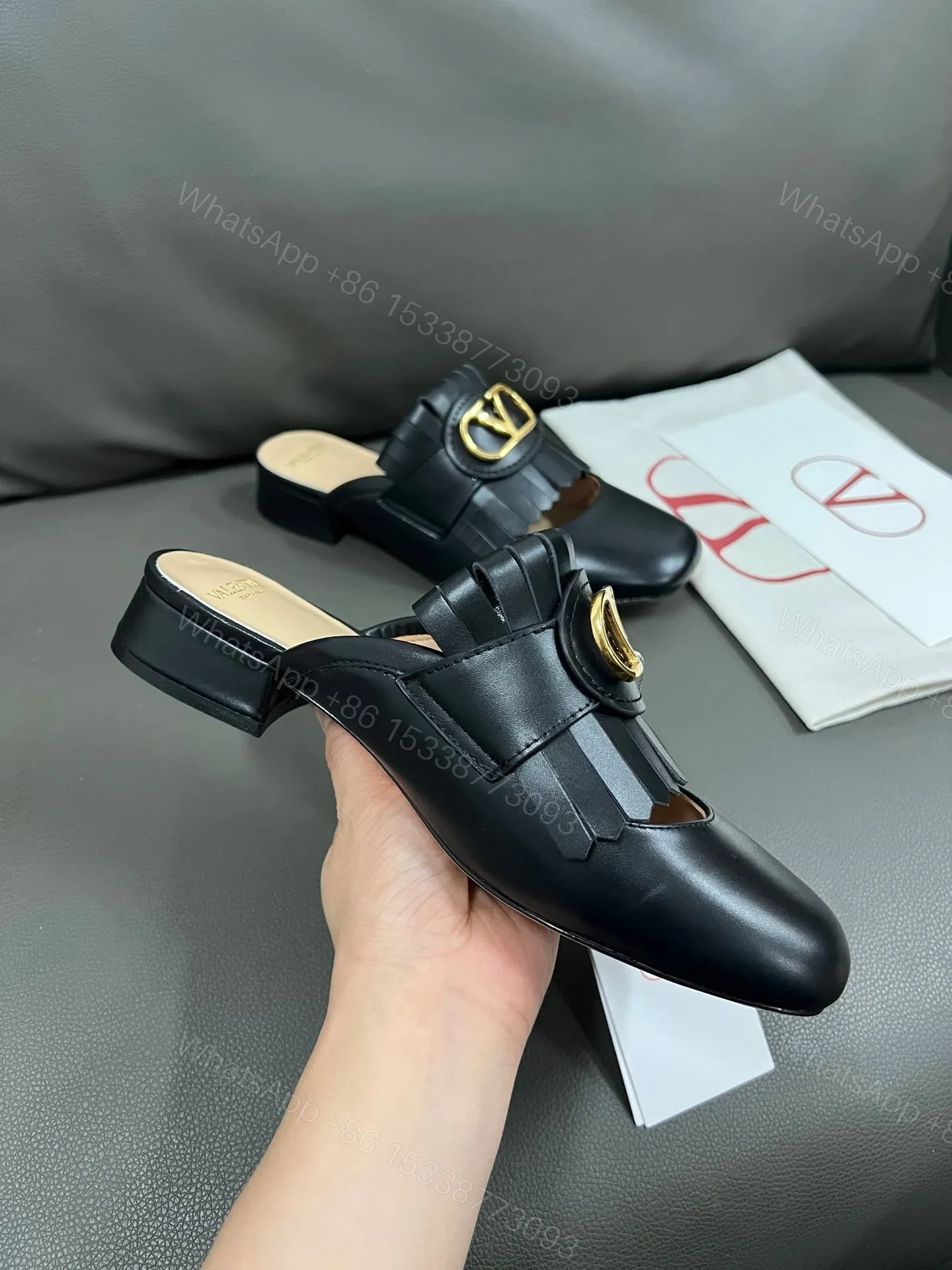 View 4 of Valentino Women Black Leather Fringe Mules