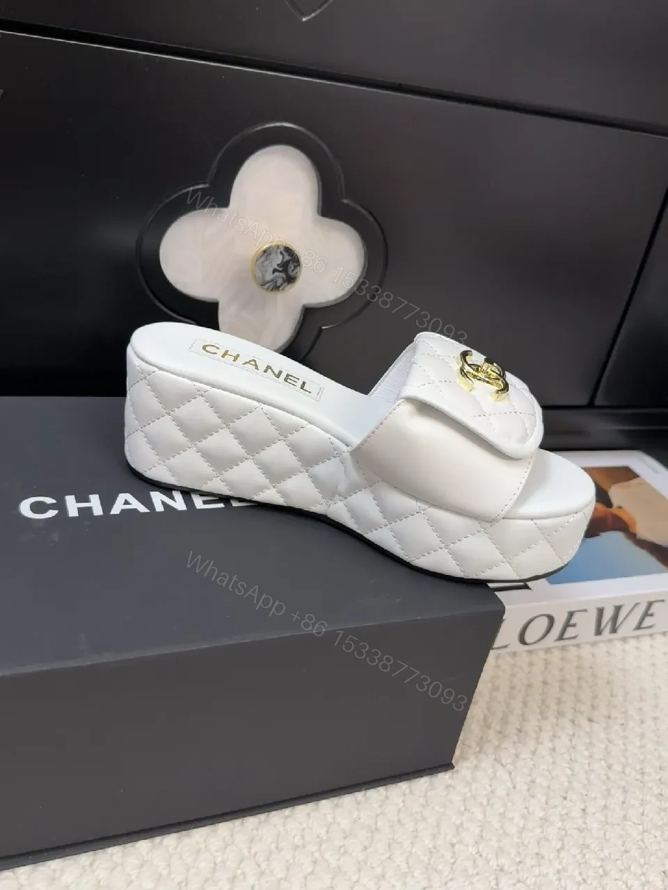 View 9 of White Quilted Slide Sandals with Gold Logo, Luxury Comfort
