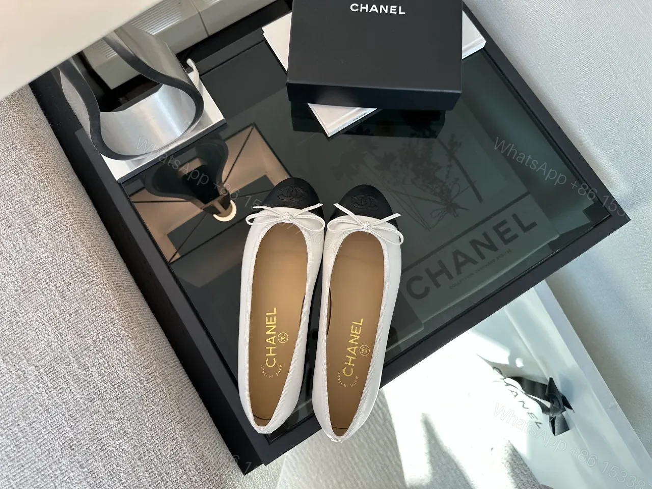 View 8 of Two-Tone Ballet Flats with Black Cap Toe, Leather, Elegant Comfort