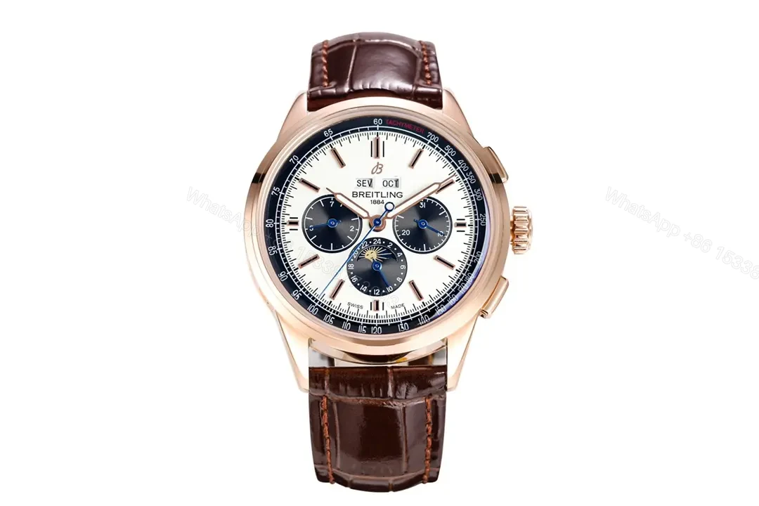 ZF Factory Breitling Premier Series Rose Gold Blue and White Dial Brown Leather Strap Watch — view 1
