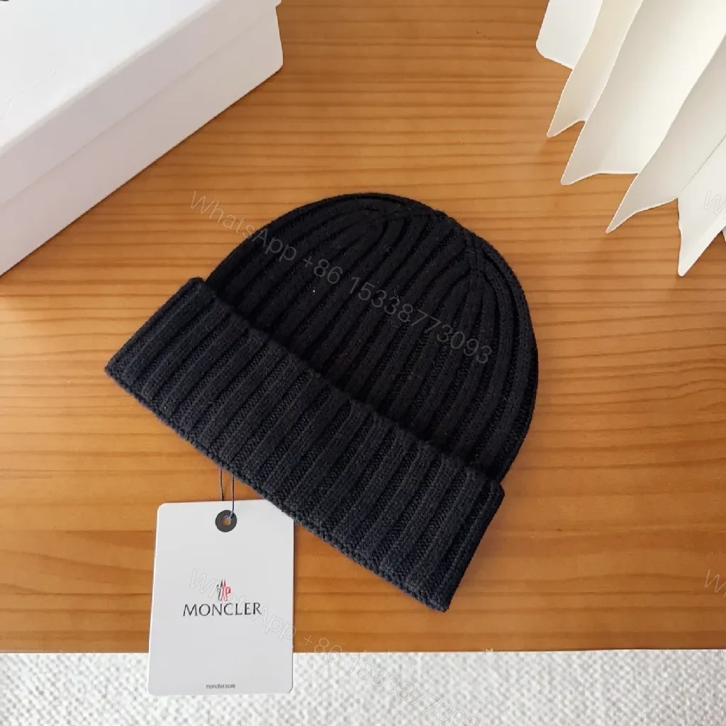 View 3 of Compact Knit Beanie with Moncler Patch - Black, Ribbed Style, Warmth