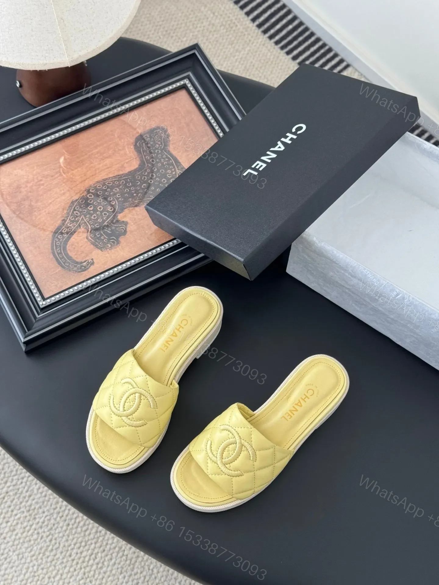View 5 of Chanel Women Yellow Quilted Leather Slides