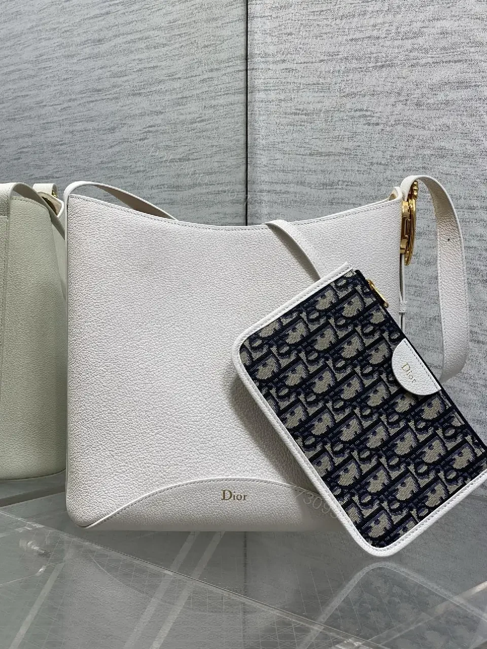 View 5 of White Pebbled Leather Crescent Bag with Navy Dior Wallet Set