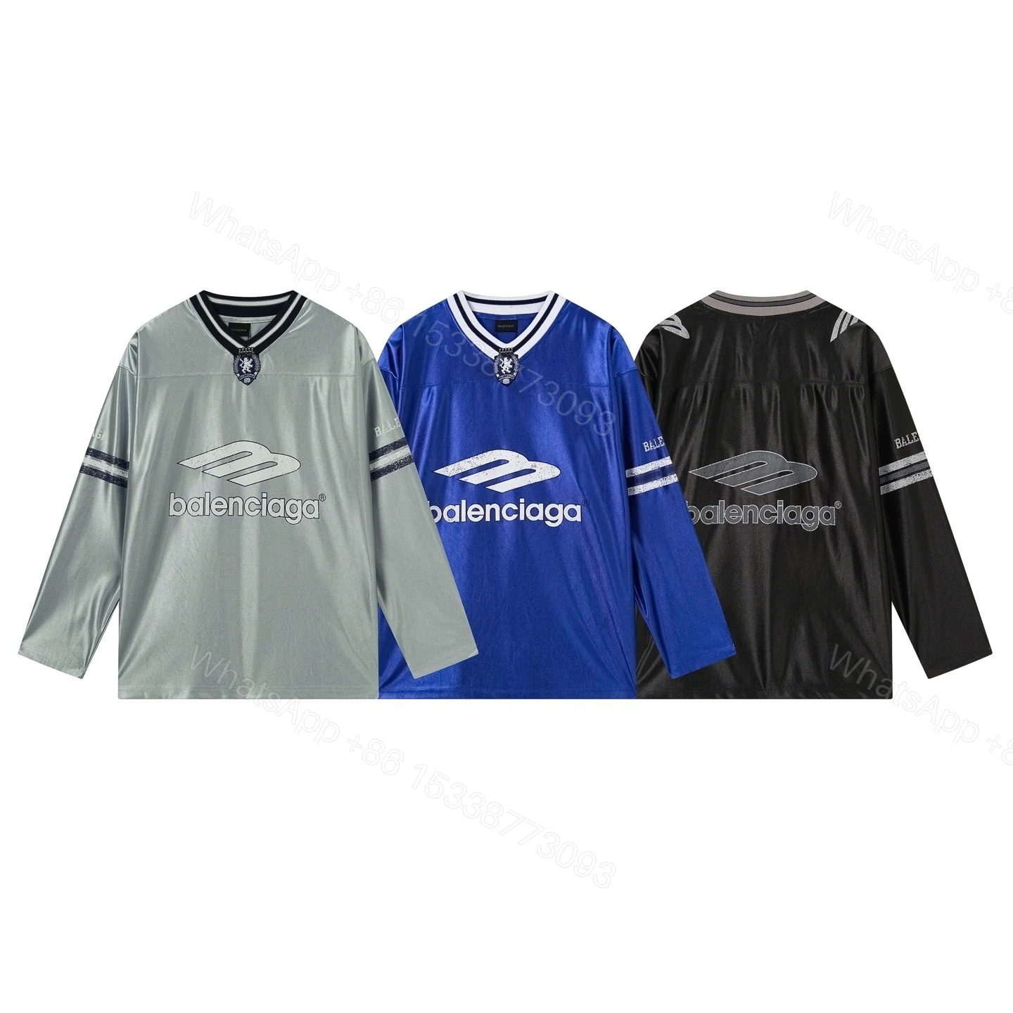 View 14 of Balenciaga Clothes 3B Silhouette Ribbed V-Neck Printed Long-Sleeve T-Shirt Black/Blue/Gray