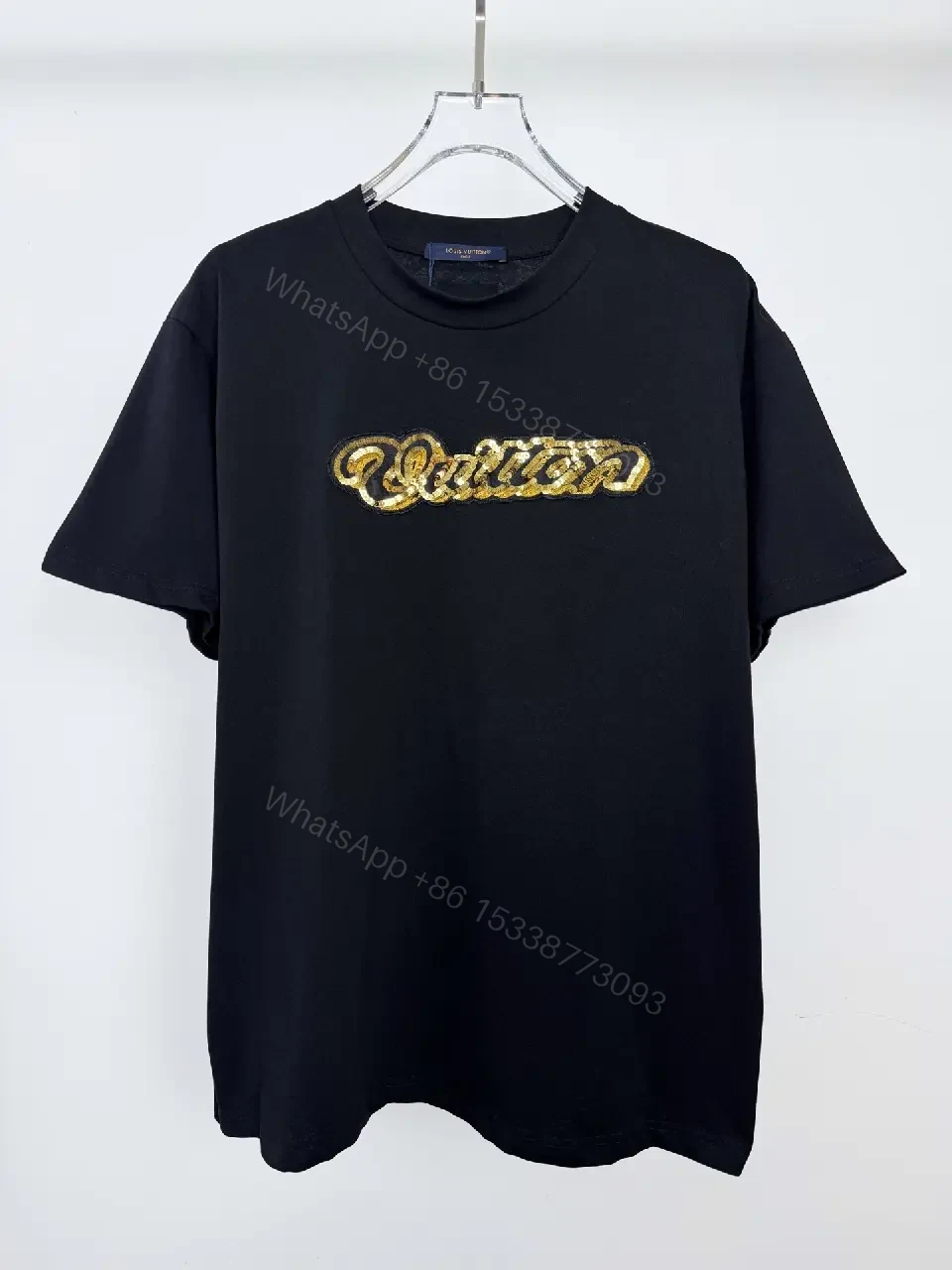 Black Cotton Tee with Gold Sequin Logo, Luxe Everyday Streetwear — view 1