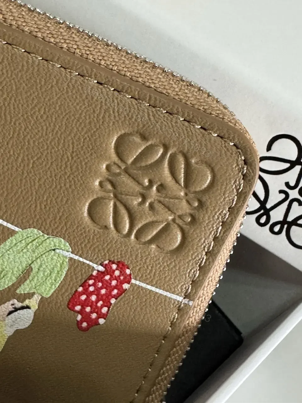View 4 of Light Brown Leather Pebbled Wallet - ZipAround with Colorful Scene LOEWE Logo