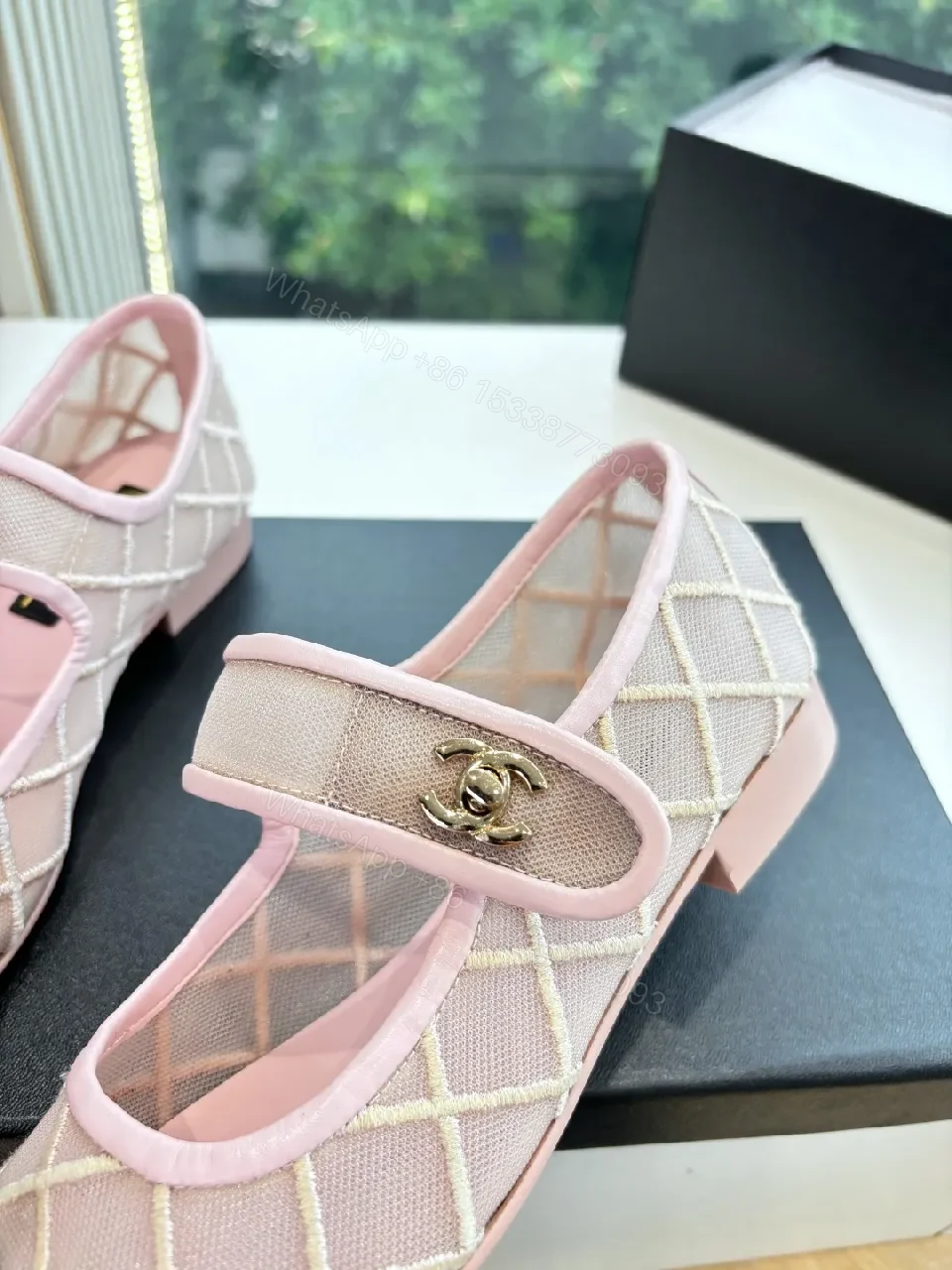 View 4 of Pink Quilted Mary-Jane Flats with Black Cap Toe