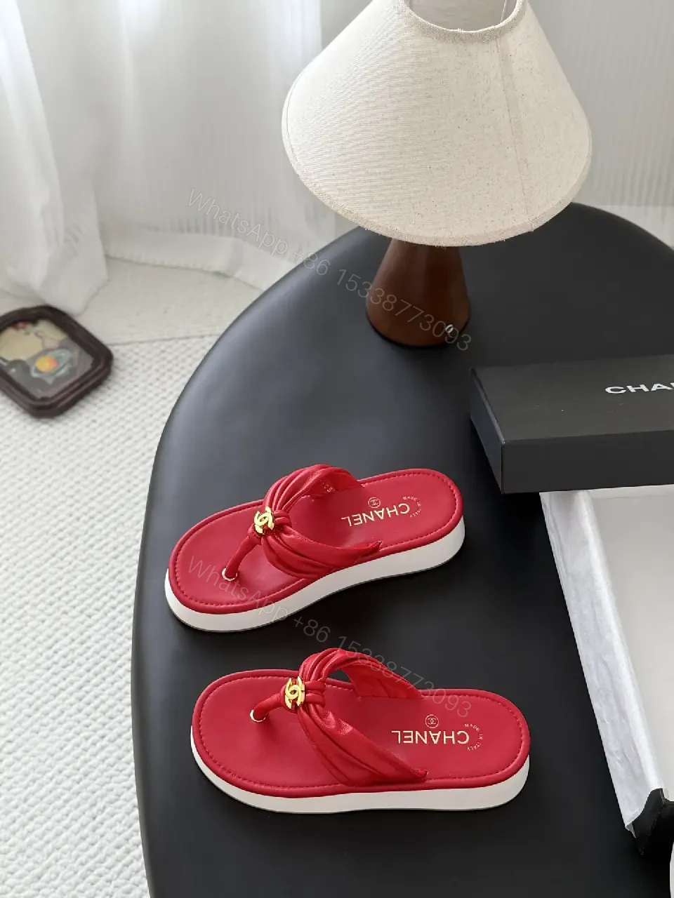 View 10 of Red Satin Flip-Flops with Gold Chanel Logo Student Style Sandals