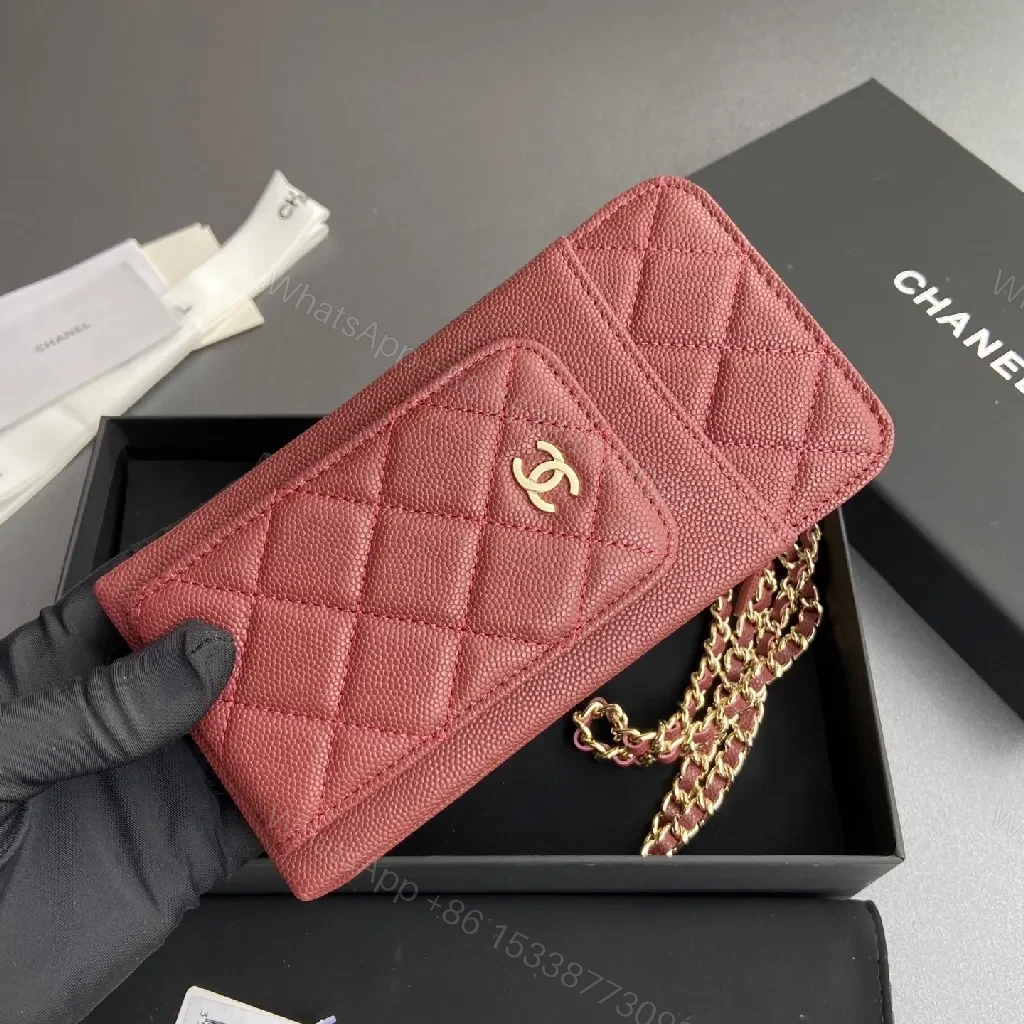 View 4 of Red Quilted Wallet Bag with Gold Chain Strap