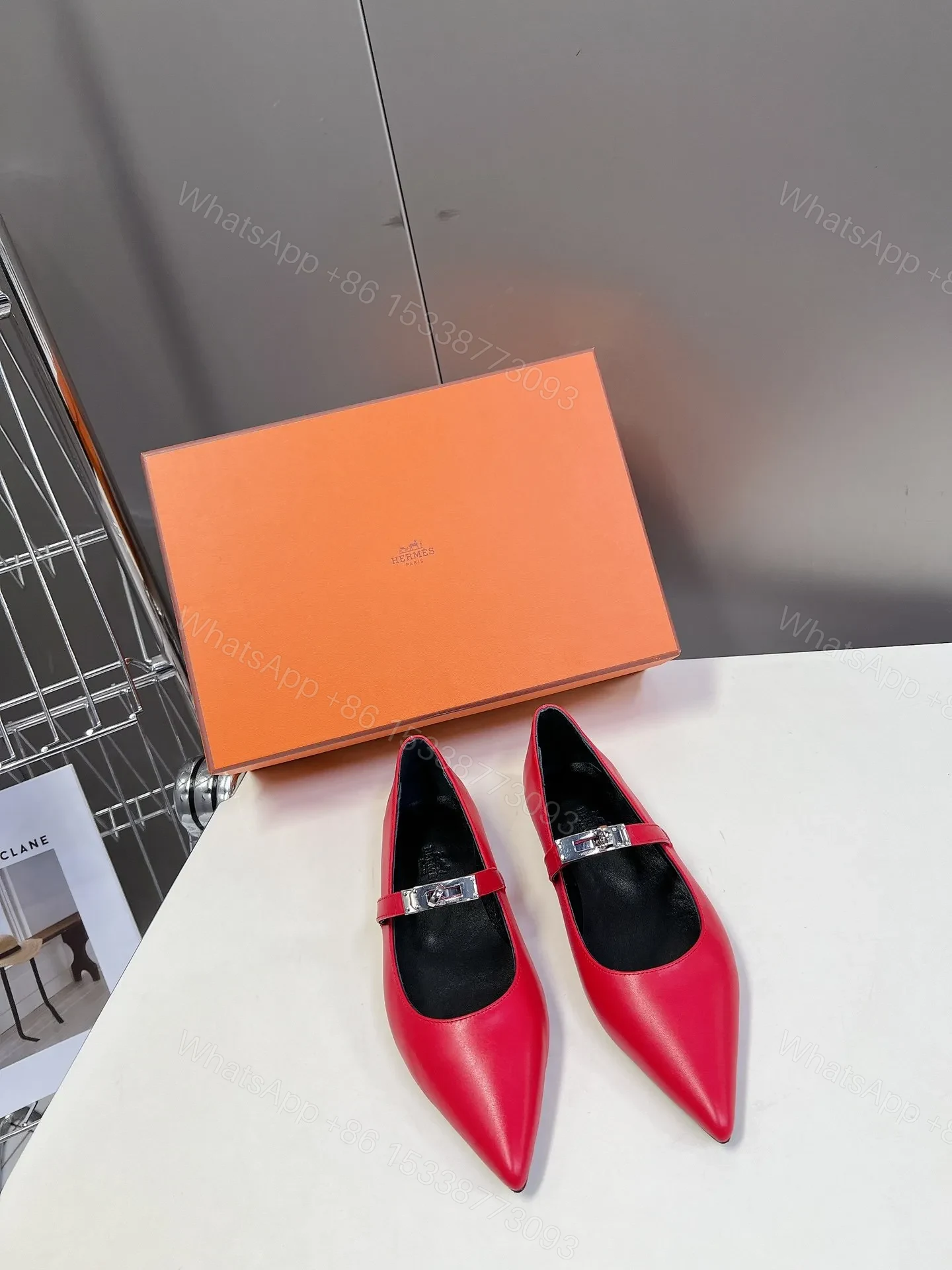 Hermes Women Red Leather Pointed Toe Flats — view 1