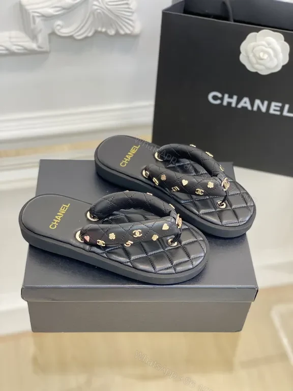View 9 of Quilted Leather Chanel-Style Slides with Gold Logo Accents