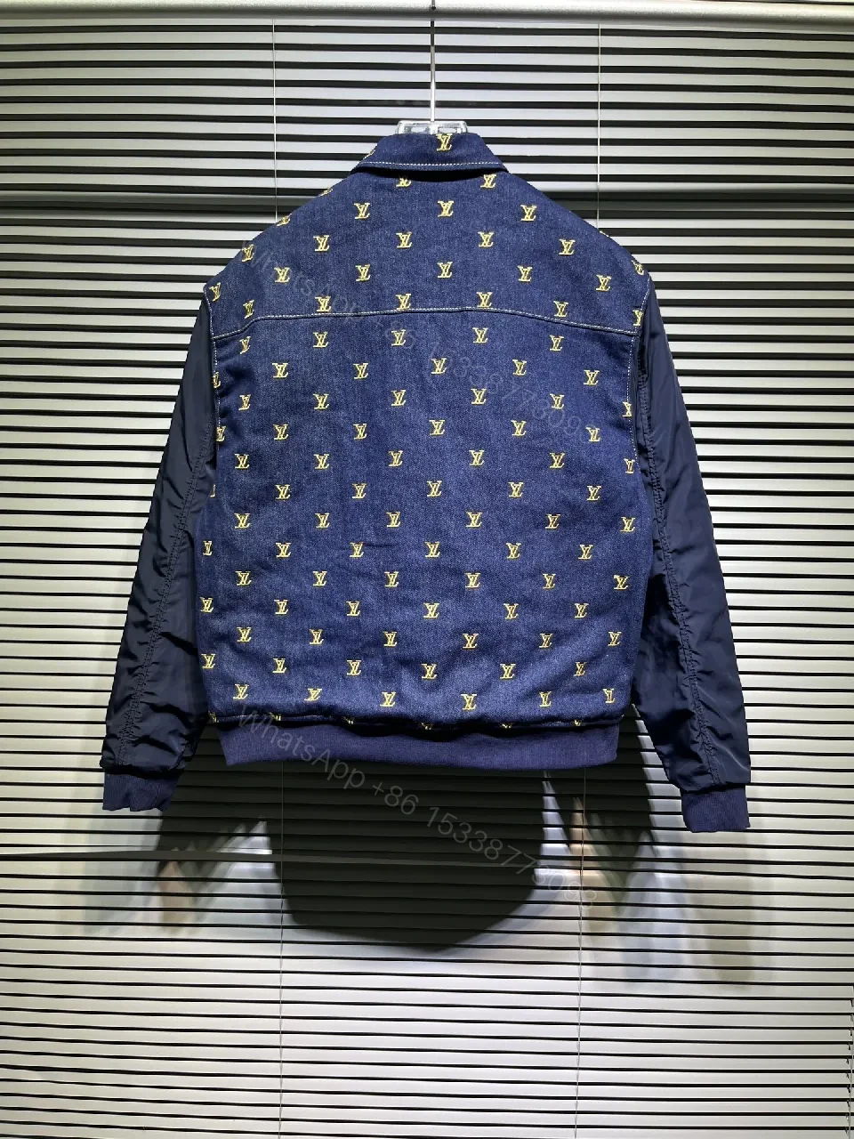 View 7 of Denim-Accent Zip-Front Jacket with Monogram Motif, Modern Texture