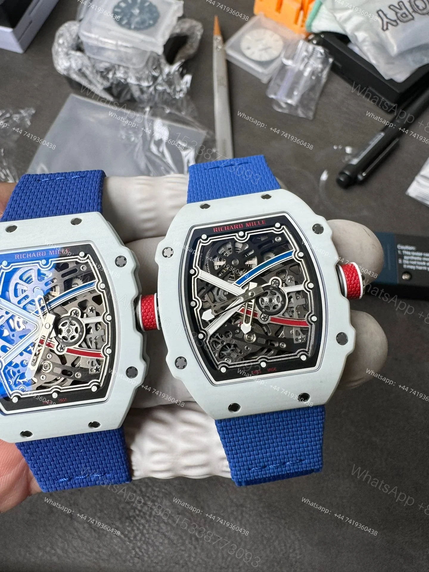 View 18 of Super Clone Richard Mille RM67-02 White Ceramic Skeleton Tourbillon 1:1 Replica Watch with Blue Strap