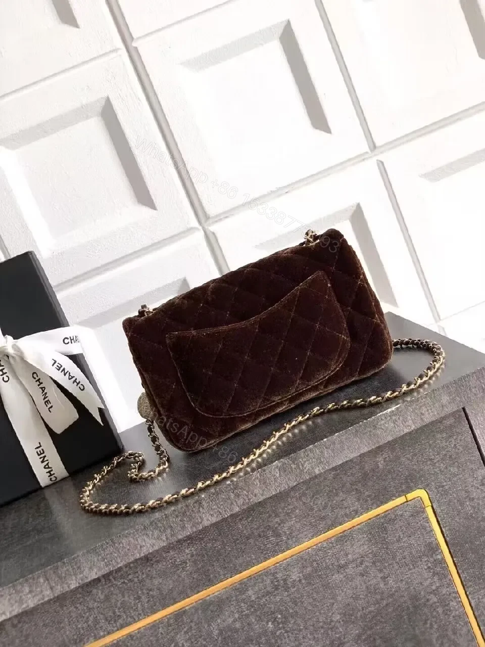 View 3 of Velvet Flap Bag with Gold Logo Chain, Compact Luxury