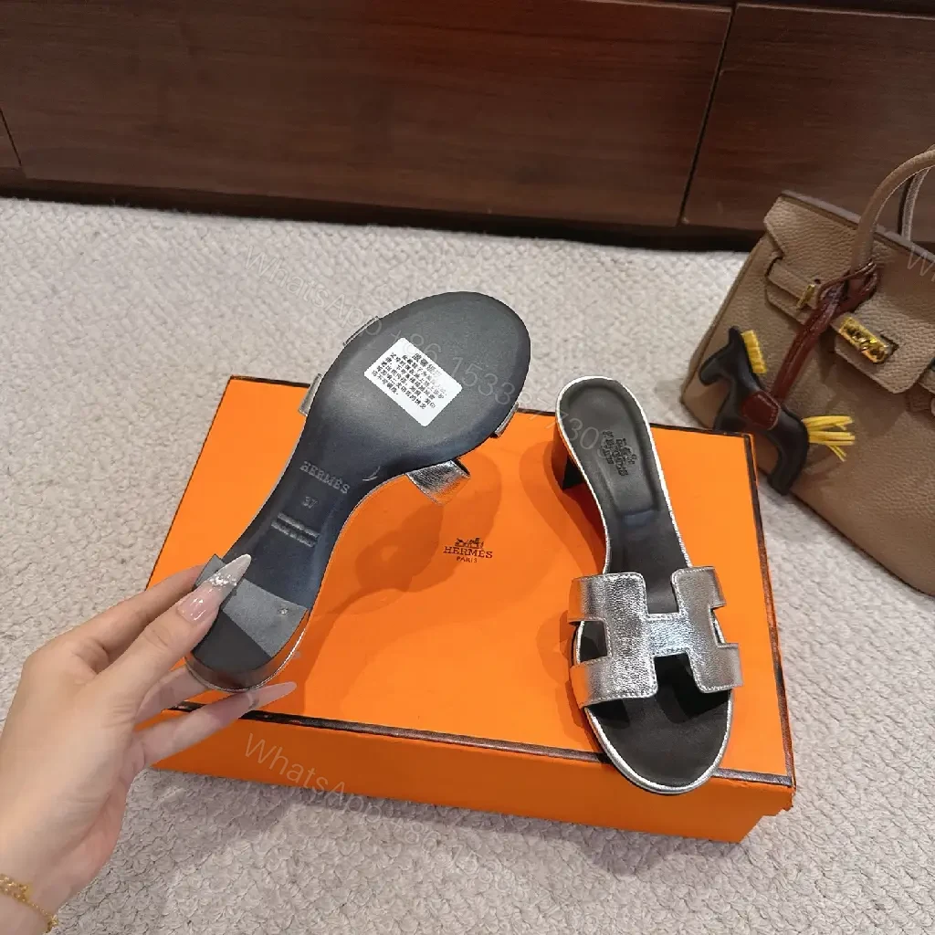 View 7 of Silver Metallic H-style Strap Sandals - Hermes Inspired Slide
