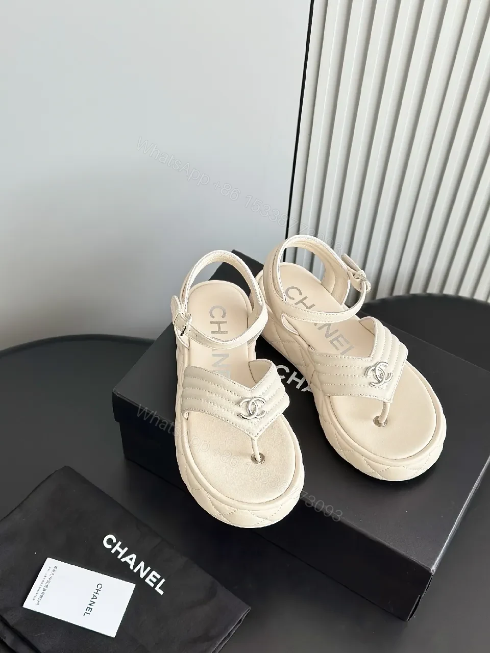 View 2 of Elegant Comfort Sandal: Signature Hardware, Open-Toe, Beige Leather-like Finish
