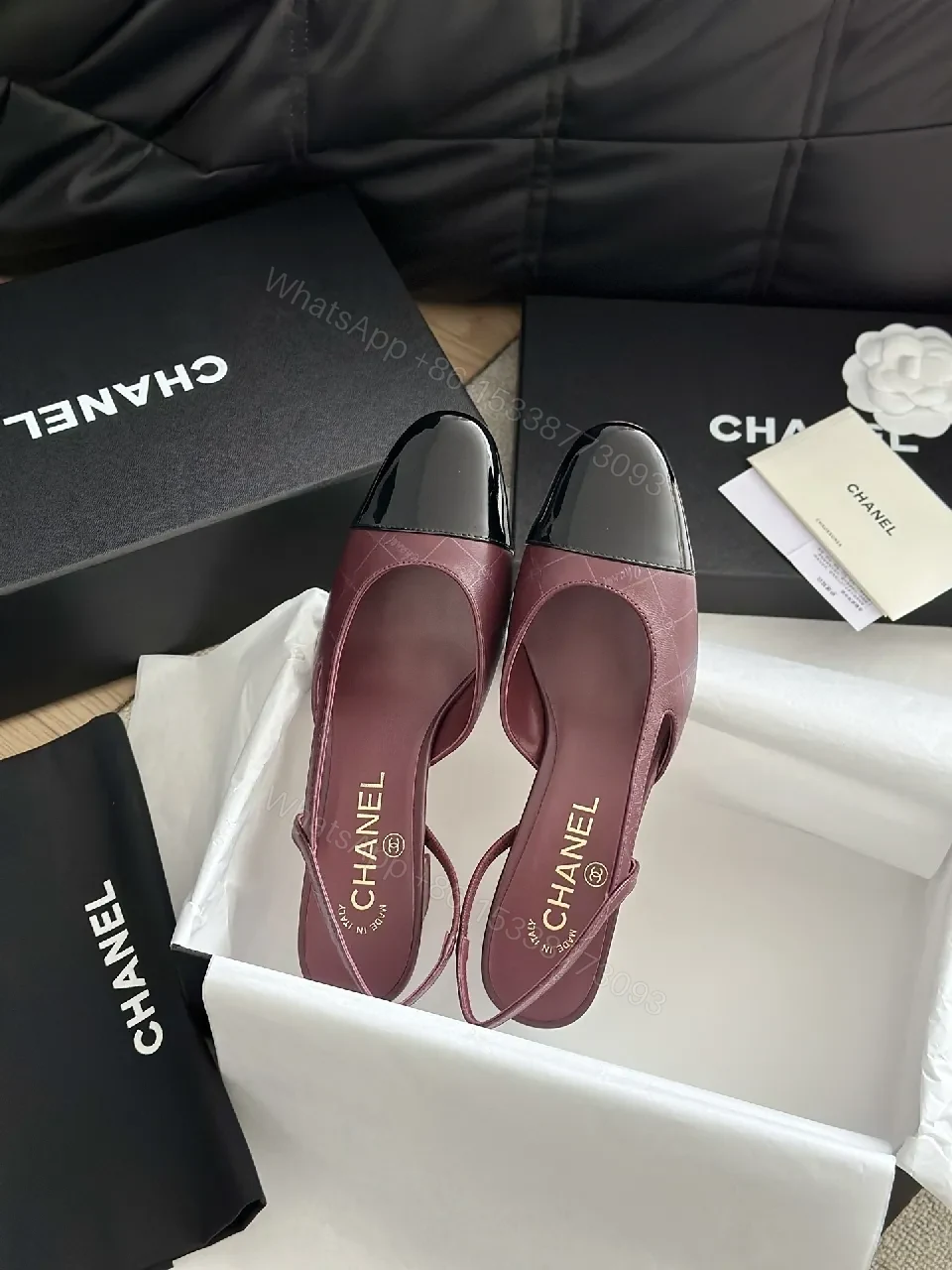 View 6 of Burgundy Leather Slingback Heels with Black Cap Toe