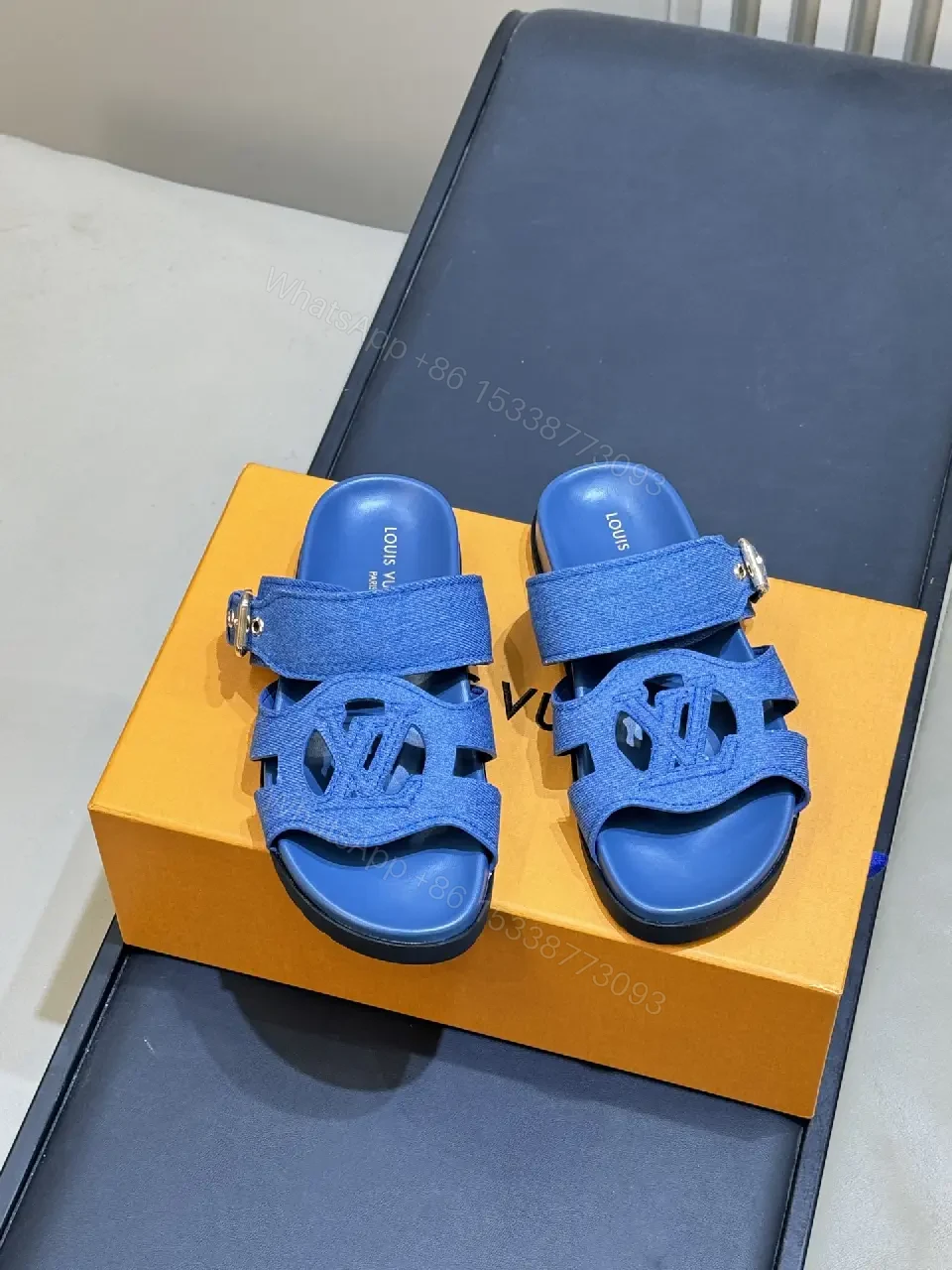 View 3 of Blue Denim Luxury Sandals, Louis Vuitton Style, Open Toe Slides