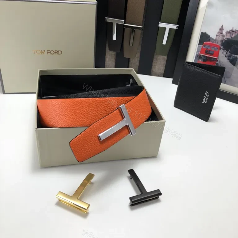 View 2 of Tom Ford Orange Leather Belt with Gold-T Buckle - Luxury Signature Gift