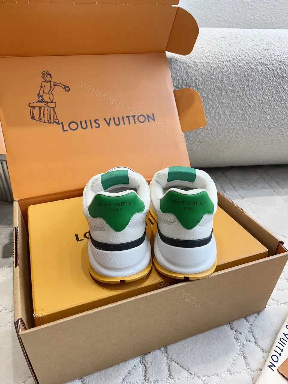 View 2 of Green Logo Knit White Leather Sneakers Lightweight Comfort Louis Vuitton Shoes