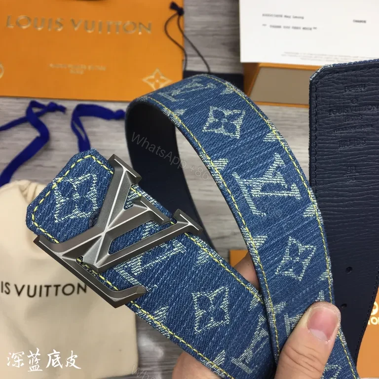 View 4 of Denim Monogram Belt with Gold LV Buckle - Luxury Accessory