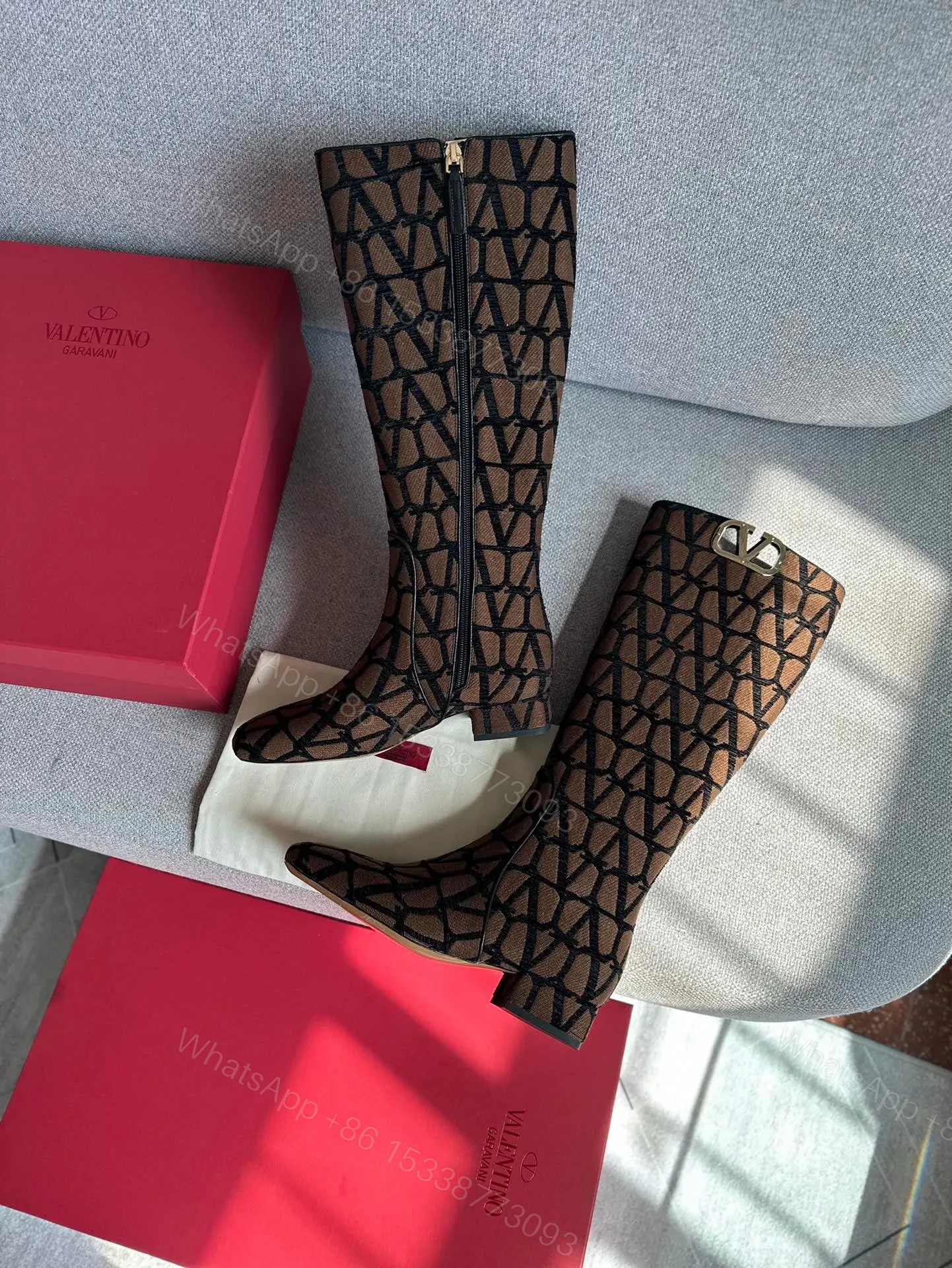 View 2 of Valentino Women Brown Patterned Fabric Boots