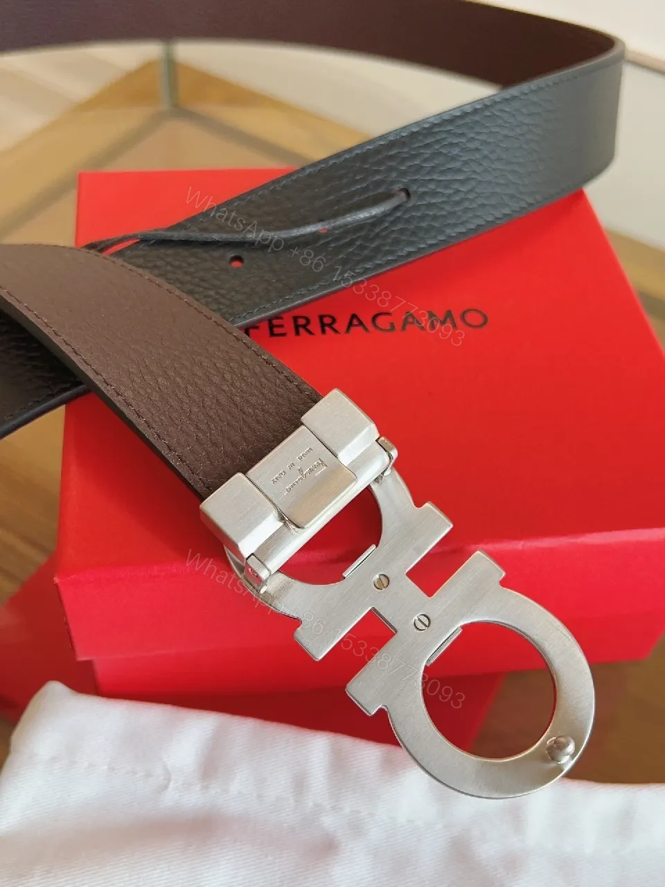 View 5 of Polished Leather Belt with Double-Gancini – Luxe Everydaywear