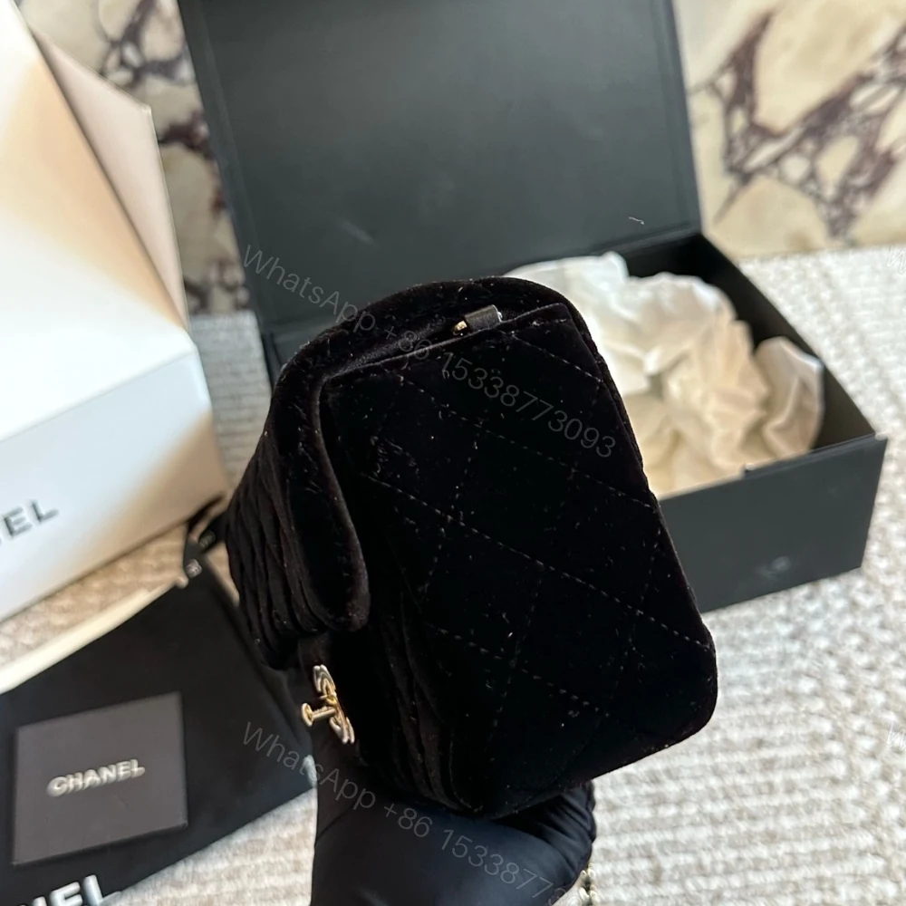 View 5 of Chanel Mini Flap Bag Velvet Diamante And Gold Tone Metal Black 20Cm