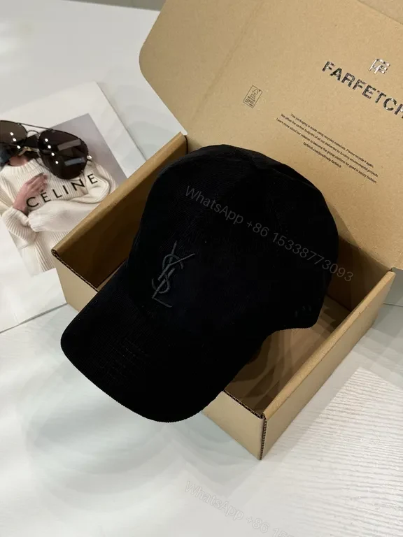 View 3 of Black Velvet Cap with YSL Monogram â€” Structured Luxury Cap