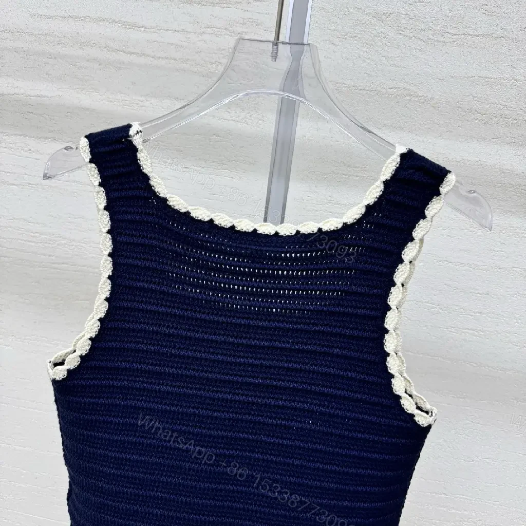View 11 of Navy Knit Tank with Ivory Trim – Textured Luxury Top