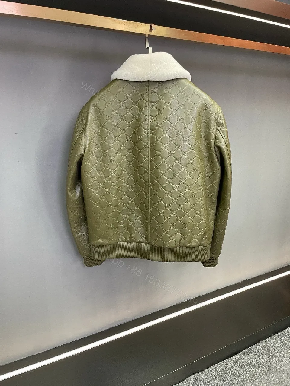 View 9 of Olive Quilted Jacket with Off-White Shearling Collar