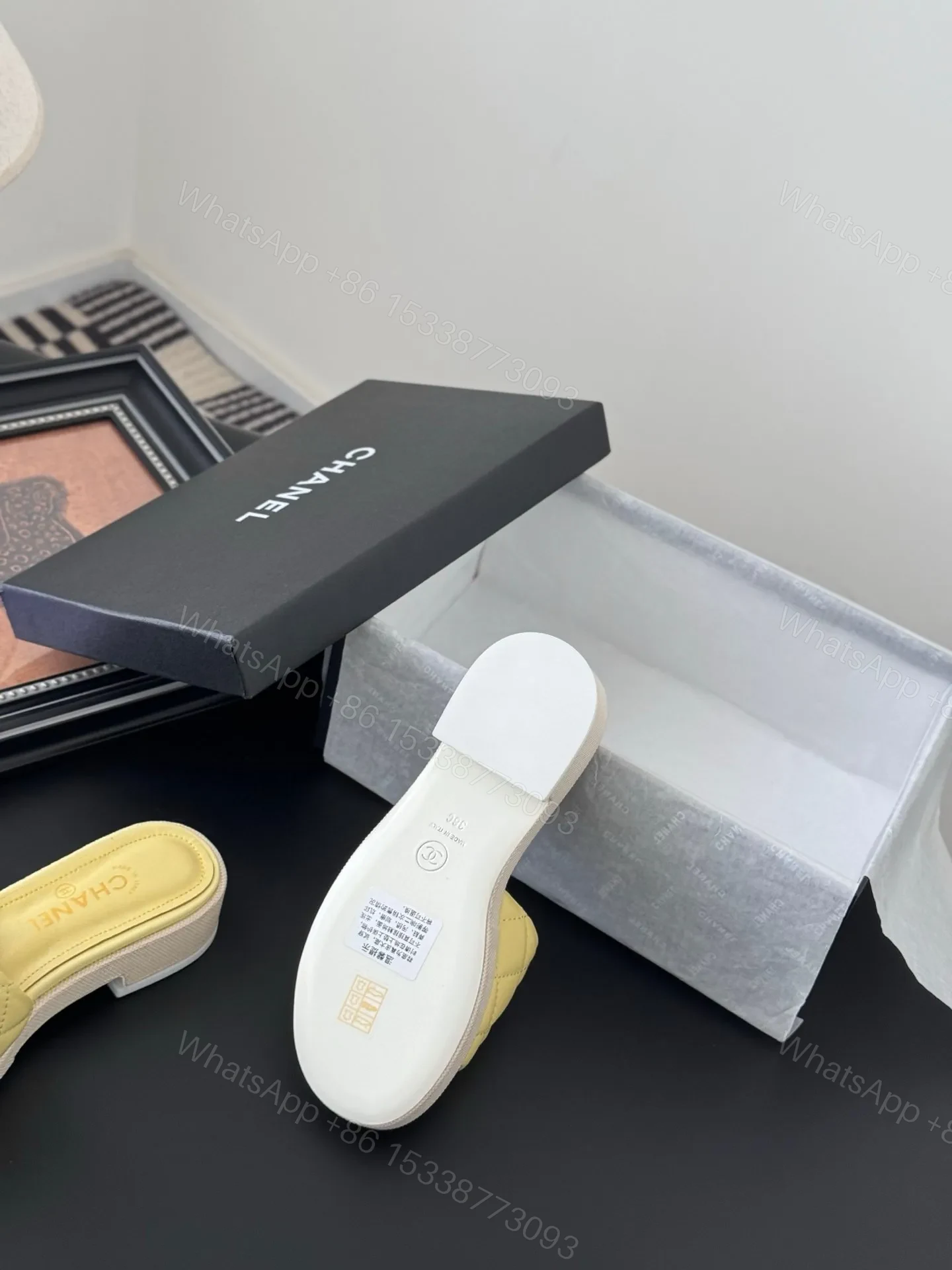 View 4 of Chanel Women Yellow Quilted Leather Slides