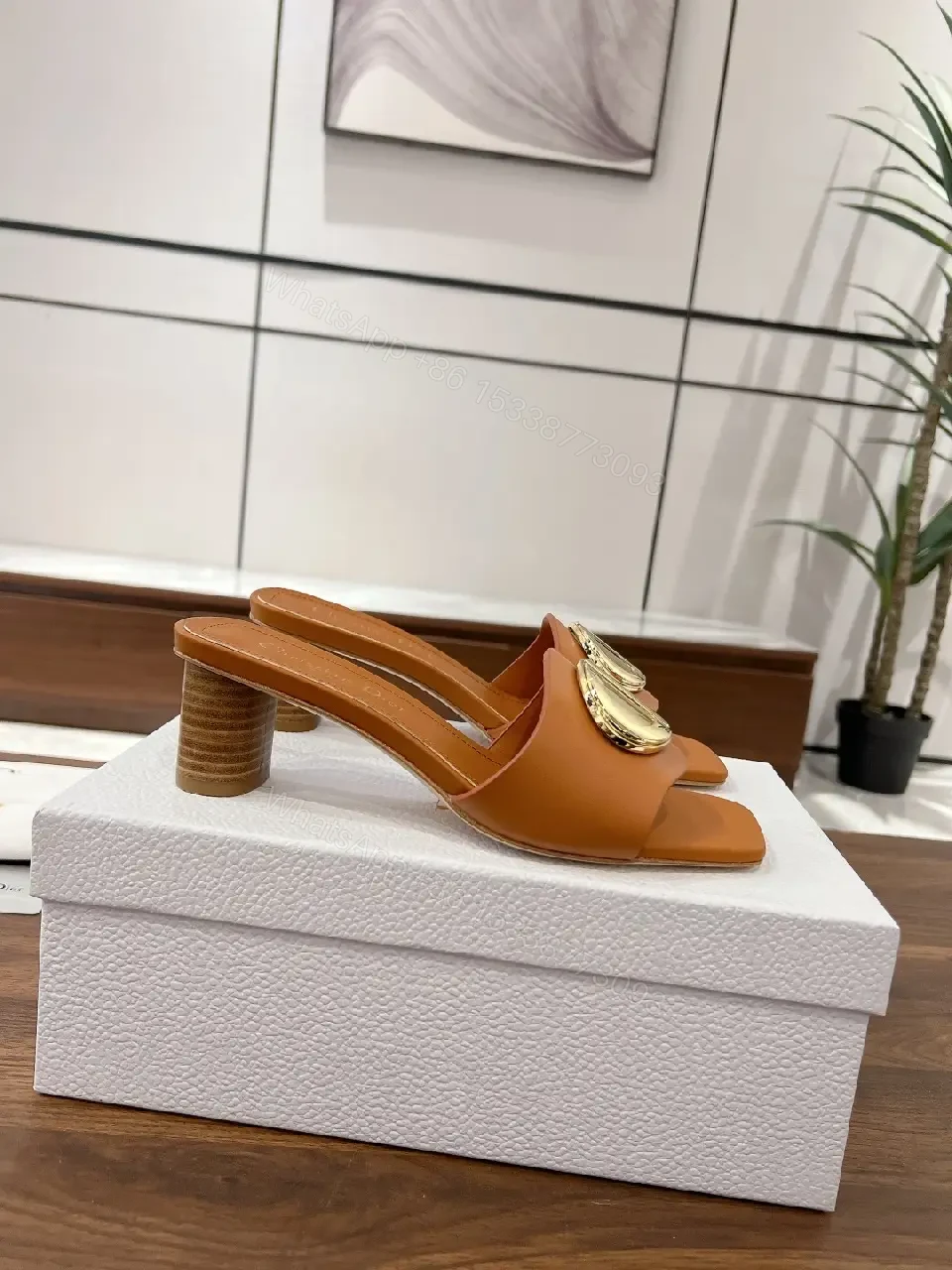 View 2 of Tan Leather Mule Gold Logo Buckle Dior Style Heel Slip-On Sandal
