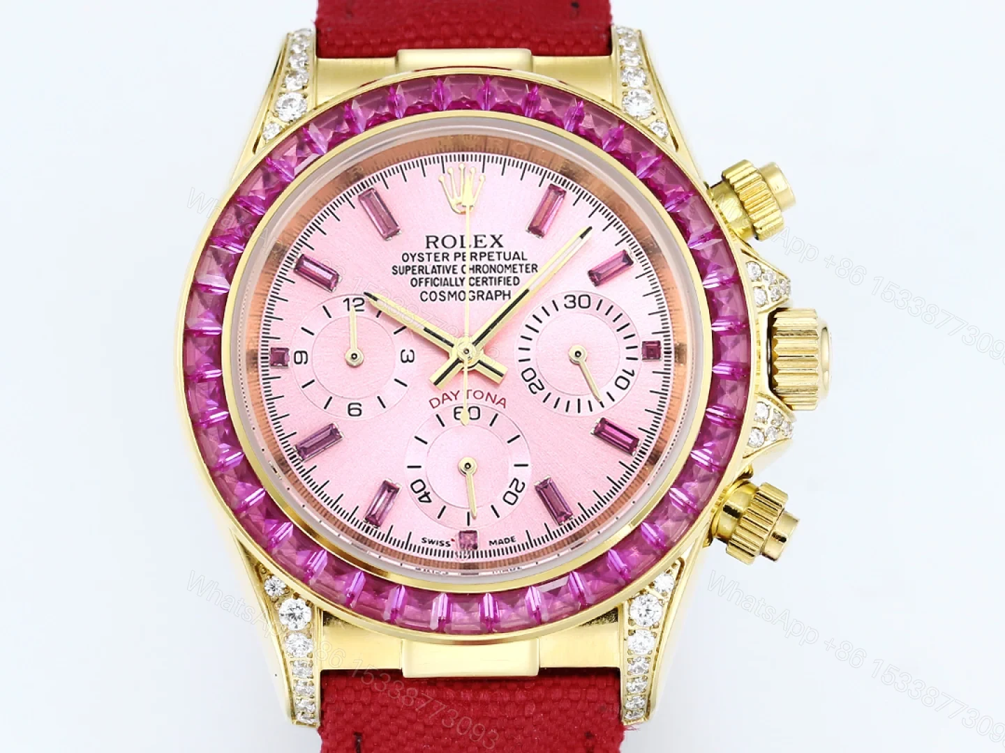 View 4 of Rolex Daytona Pink Ruby Red Strap Replica 43MM Exclusive Gold Case Edition RG-ROLEX-DAYTONA-PINK-RUBY-RED-43