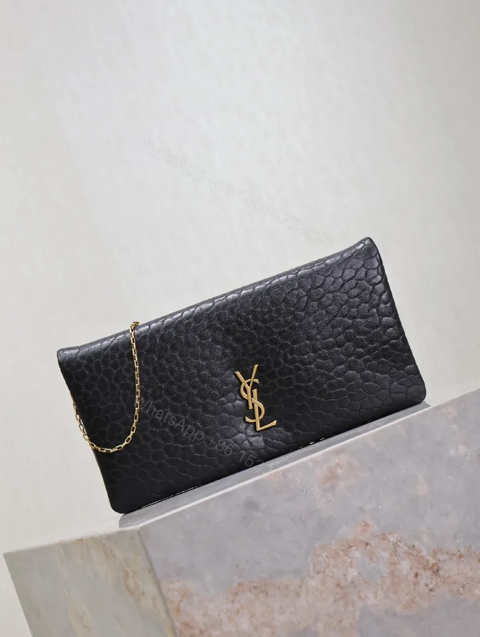 View 9 of Black Leather Clutch with Gold Hardware Chain
