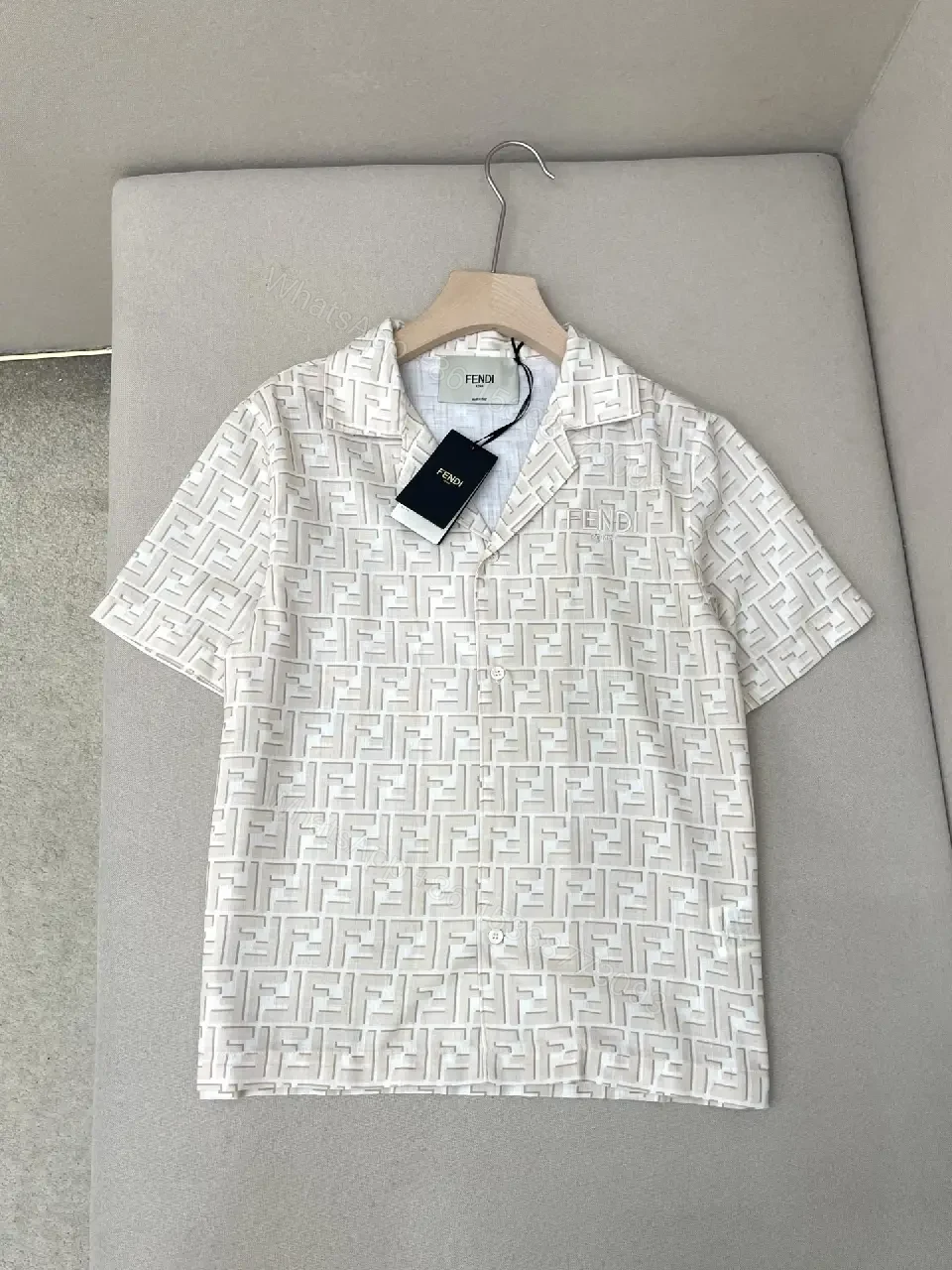 View 5 of Off-White/Cream Short-Sleeve Button-Up Shirt, Embossed Logo Pattern