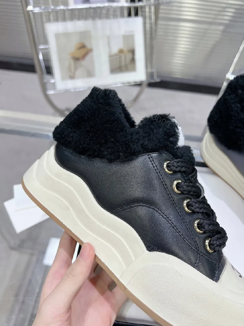 View 6 of Cream Knit-Chanel Inspired High-Tops with Plush Collar