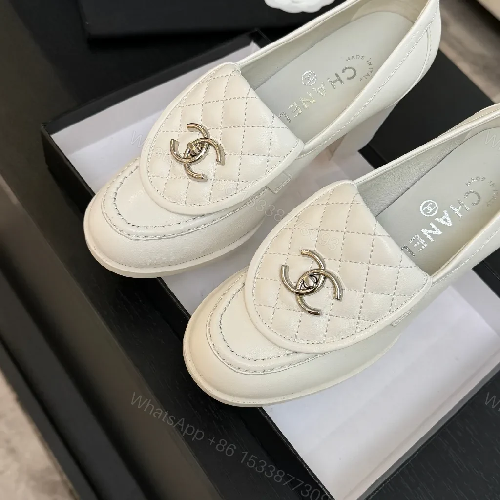 View 2 of Cream Leather Quilted Loafers with Signature Detail - Slip-On Style