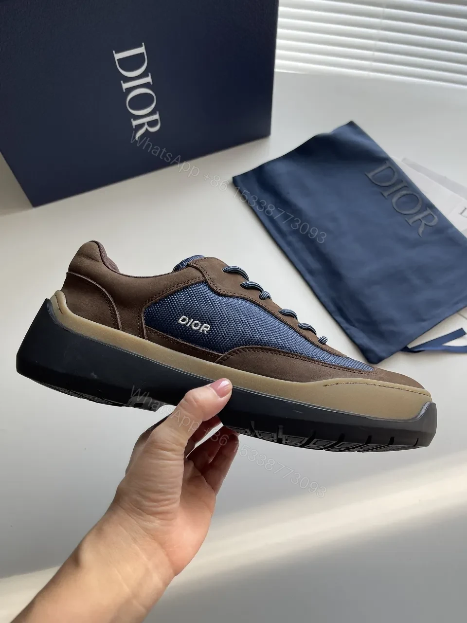 View 2 of Brown Suede & Navy Mesh High-Tops: Modern Contrast Sneakers