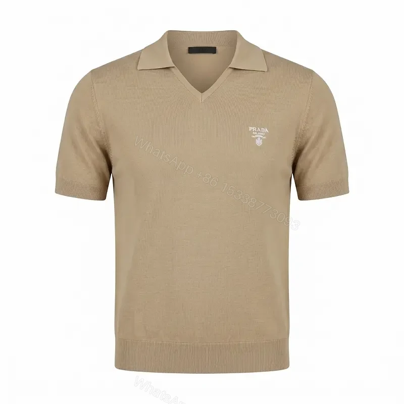 Beige Knit Polo Shirt with V-Neck, Minimalist — view 1