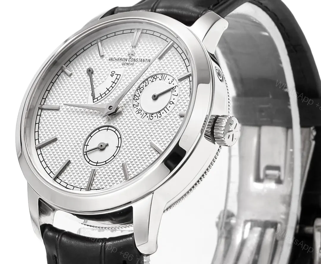 View 2 of GS Factory Vacheron Constantin Traditionnelle Mechanical Watch 83520/000R-9909 – Silver Dial, Black Leather Strap, 40mm Case, Power Reserve, Date, and Day Display
