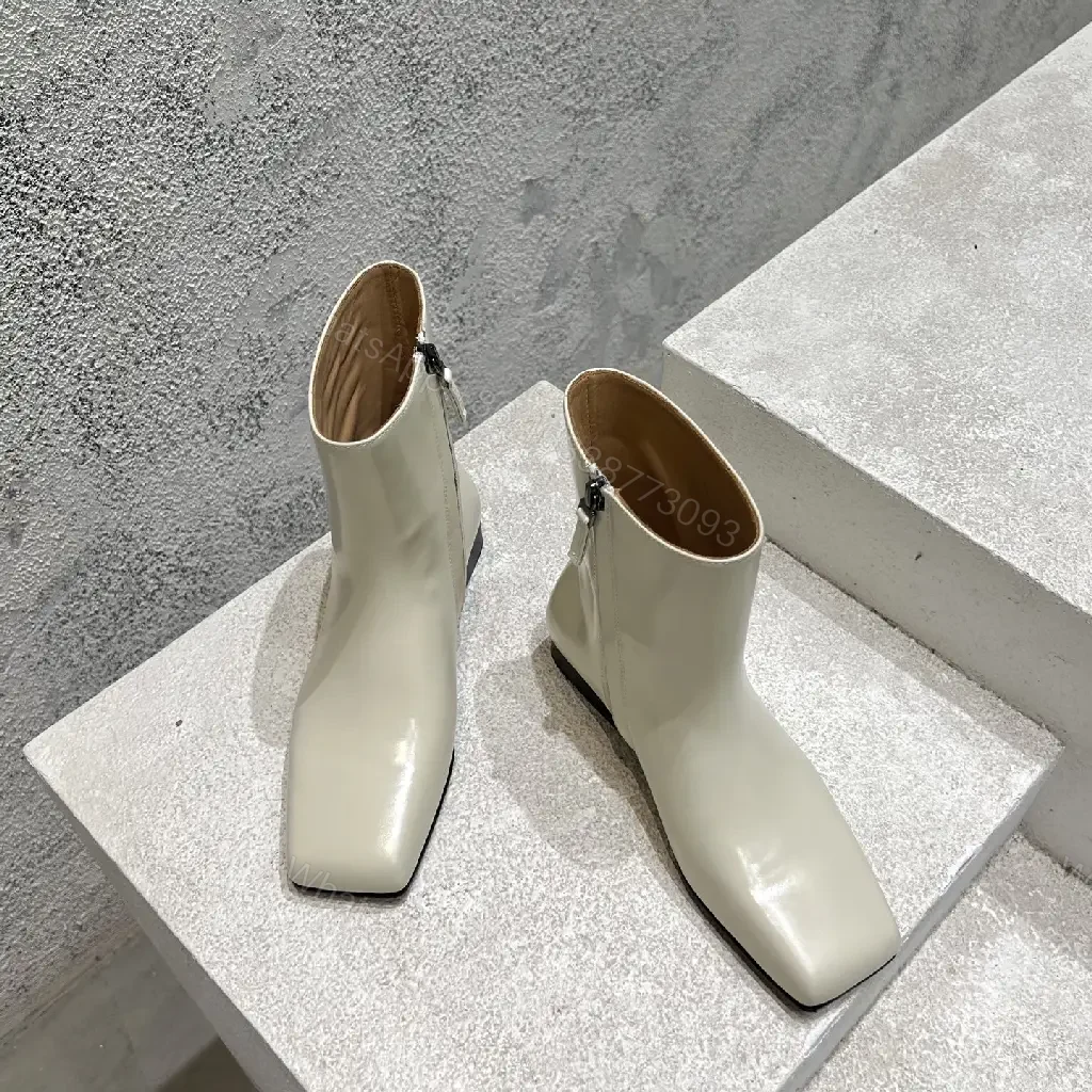 View 5 of Off-White Leather Ankle Boots with Square Toe and Zipper
