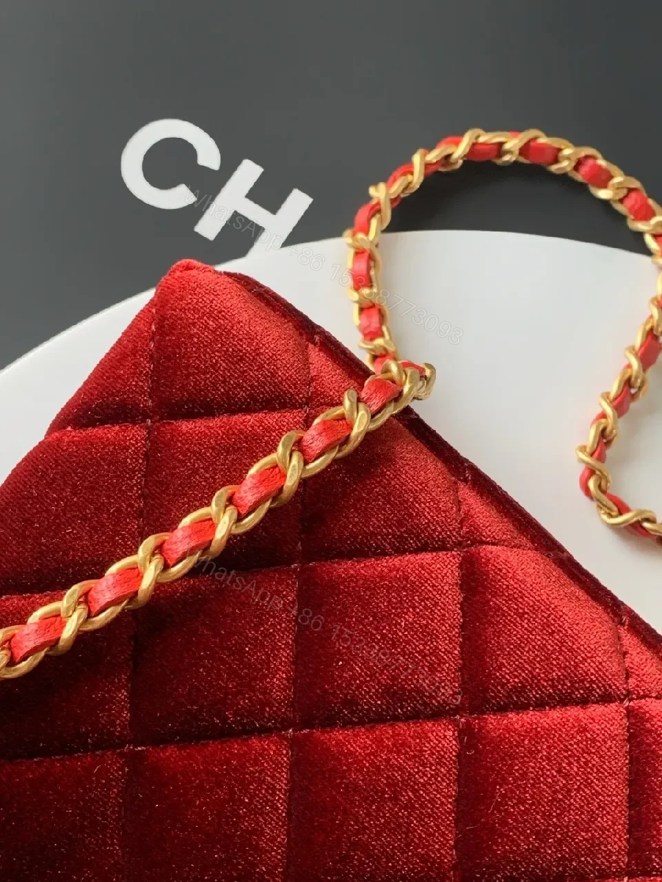 View 7 of Rich Velvet Quilted Mini Bag with Gold Logo