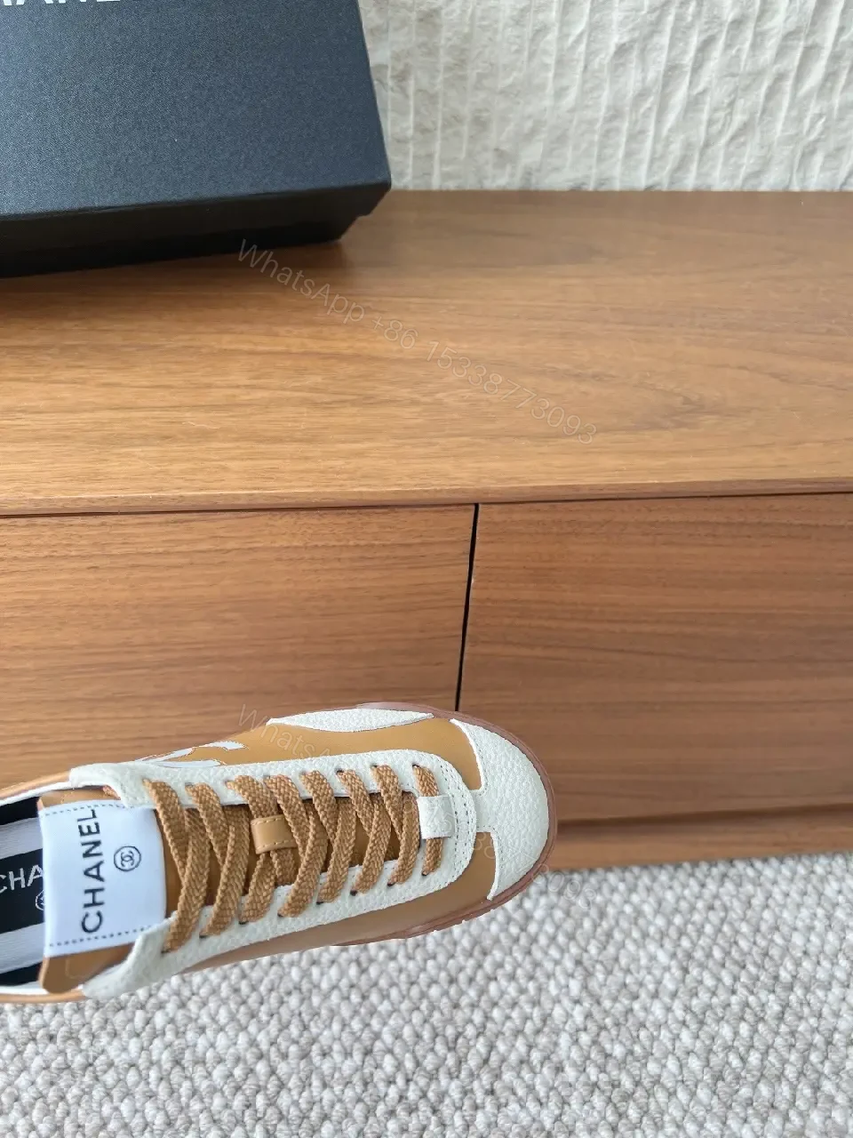 View 5 of Brown Leather High-Top Sneaker with Contrast Texture and Logo